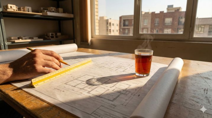 چالش های طراحی معماری و ترسیم نقشه روی میز کار مهندس