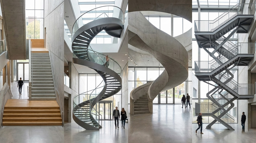 انواع پلکان در معماری شامل پله با پاگرد، پله مارپیچ، پله مدور دکوراتیو و پله فرار قیچی