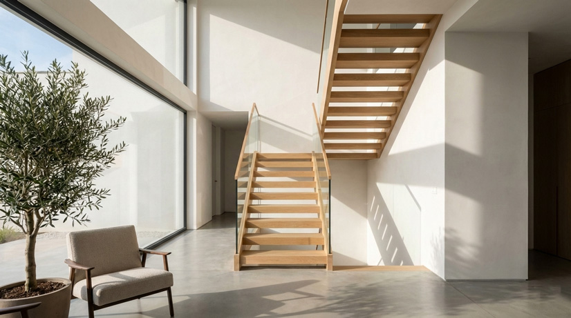 طراحی پلکان مستقیم مدرن در ساختمان ویلایی