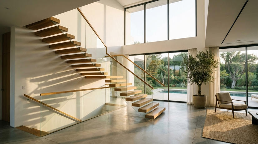 طراحی مدرن پلکان ال شکل با نرده شیشه‌ای در ویلا