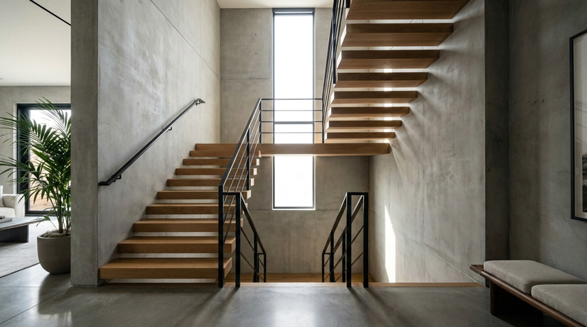 طراحی مدرن پلکان دو طرفه با پاگرد میانی در ساختمان مسکونی