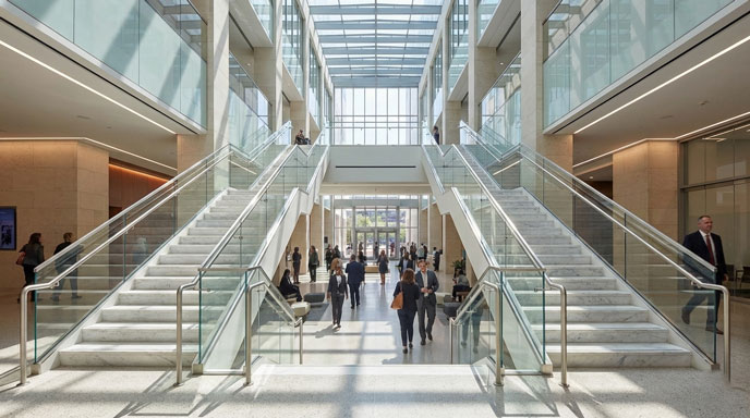 طراحی پلکان دو طرفه با ۳ بازو در مجتمع تجاری مدرن