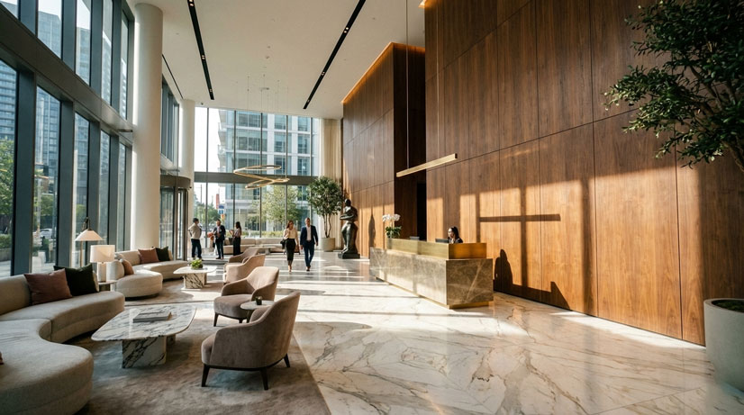 طراحی لابی اصلی ساختمان با نورگیری طبیعی و متریال لوکس