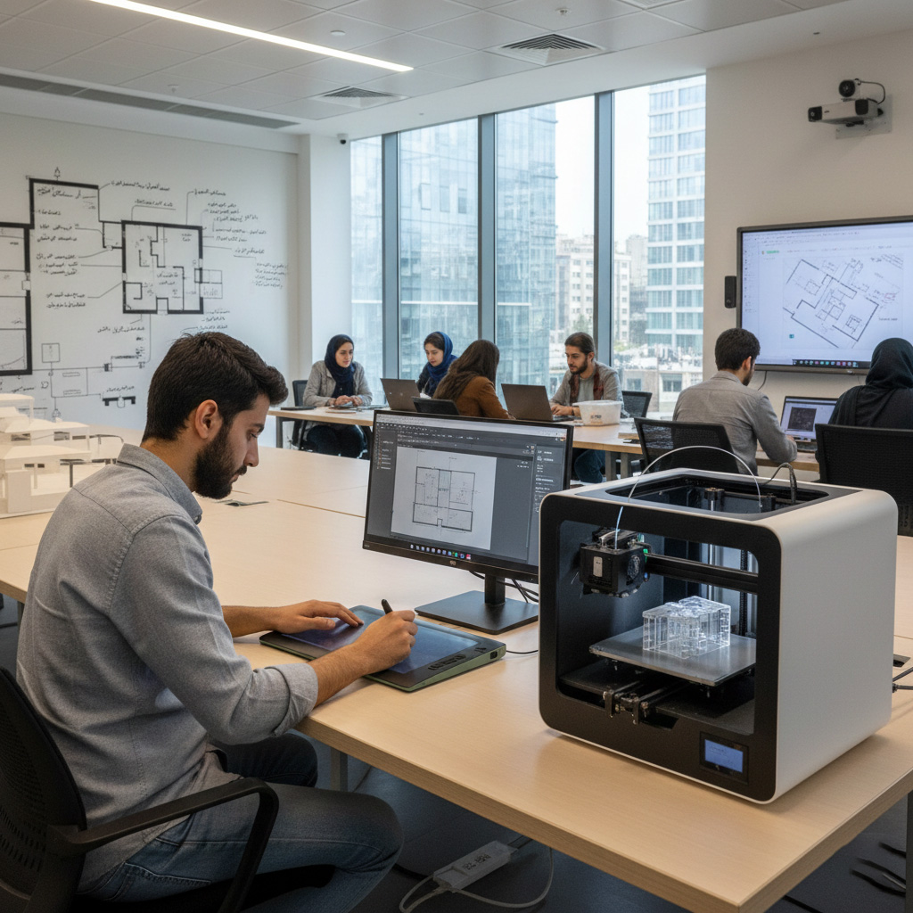 دانشجوی معماری در حال طراحی پلان و یادگیری ضوابط آزمون نظام مهندسی در آتلیه